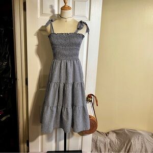 Heatherly Wms Blue Gingham Smocked Tiered Tie Shoulder Cottagecore Midi Dress S